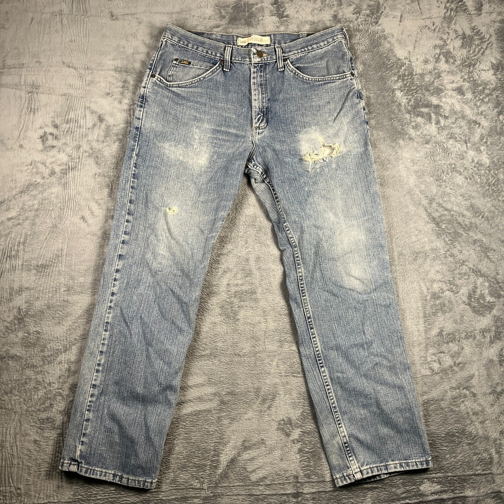 Lee Jeans Mens 36x30 Blue Whiskered Denim Cotton Logo Regular Fit Straight Leg